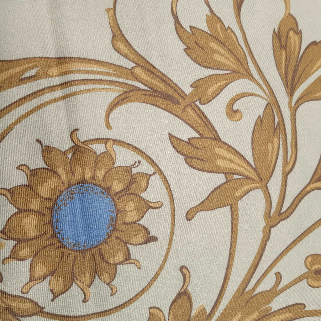Mako-Satin, Meterware, Baumwolle,  Muster "Feldblume" in der Farbstellung "Heublume", Vanillegelb/Goldbraun, glänzender Baumwollsatin, Ranken, blau, creme, Bettwäsche, Kleider