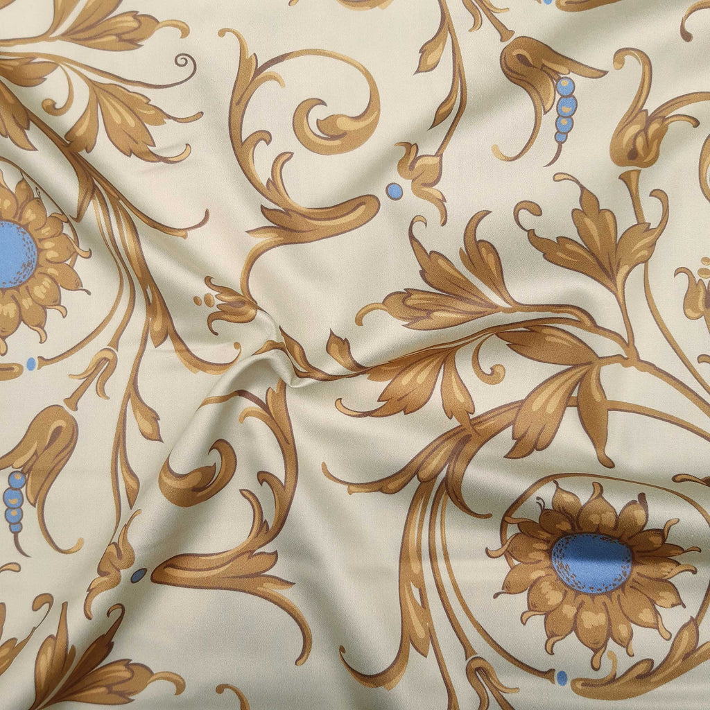 Mako-Satin, Meterware, Baumwolle,  Muster "Feldblume" in der Farbstellung "Heublume", Vanillegelb/Goldbraun, glänzender Baumwollsatin, Ranken, blau, creme, Bettwäsche, Kleider