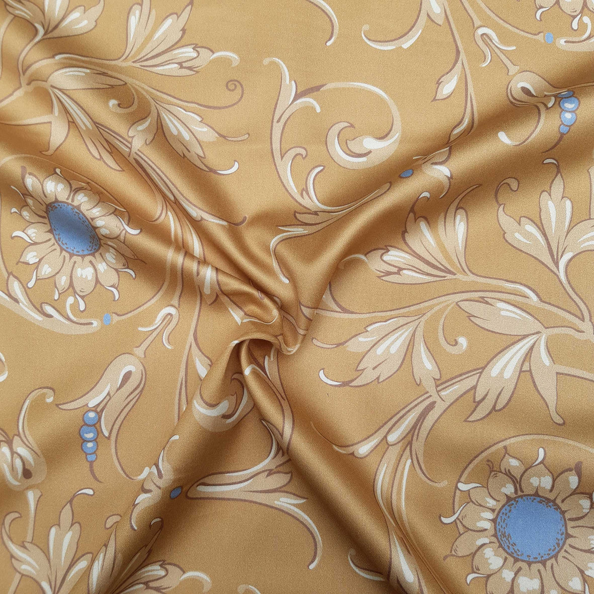 Mako-Satin, Meterware, Baumwolle,  Muster "Feldblume" in der Farbstellung "Erntefest", goldiges Hellbraun/heller Sand, taubenblau, Baumwollsatin, glänzend, Bettwäsche, Kleider