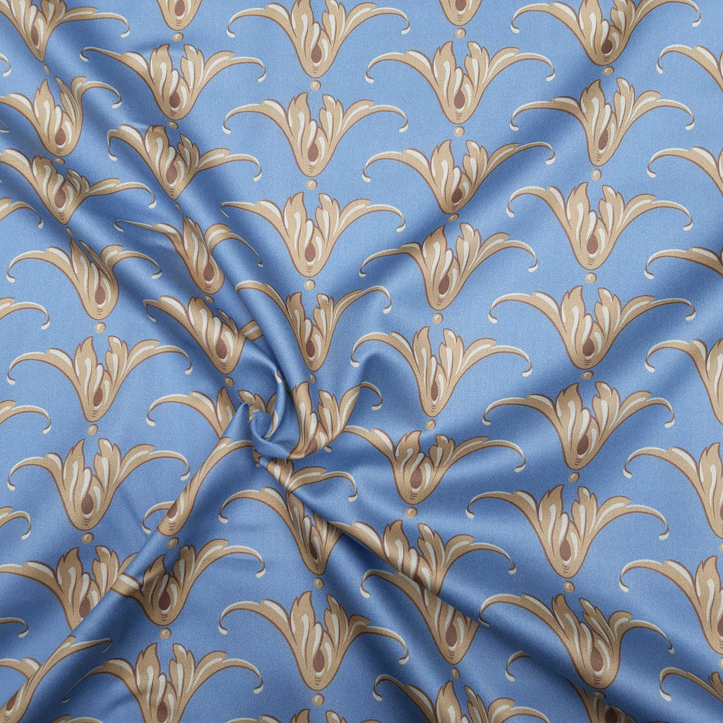 Mako satin fabric by the meter, cotton, “Tulip” pattern, dove blue and sand tones, lustrous cotton sateen, blue, sand, beige, light brown, dresses, traditional clothing, dirndls, bedding
