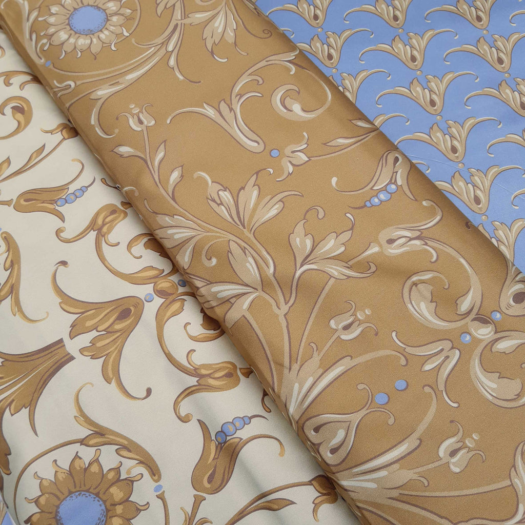 Mako-Satin, Meterware, Baumwolle,  Muster "Feldblume" in der Farbstellung "Heublume", Vanillegelb/Goldbraun, glänzender Baumwollsatin, Ranken, blau, creme, Bettwäsche, Kleider