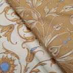 Mako-Satin, Meterware, Baumwolle,  Muster "Feldblume" in der Farbstellung "Erntefest", goldiges Hellbraun/heller Sand, taubenblau, Baumwollsatin, glänzend, Bettwäsche, Kleider