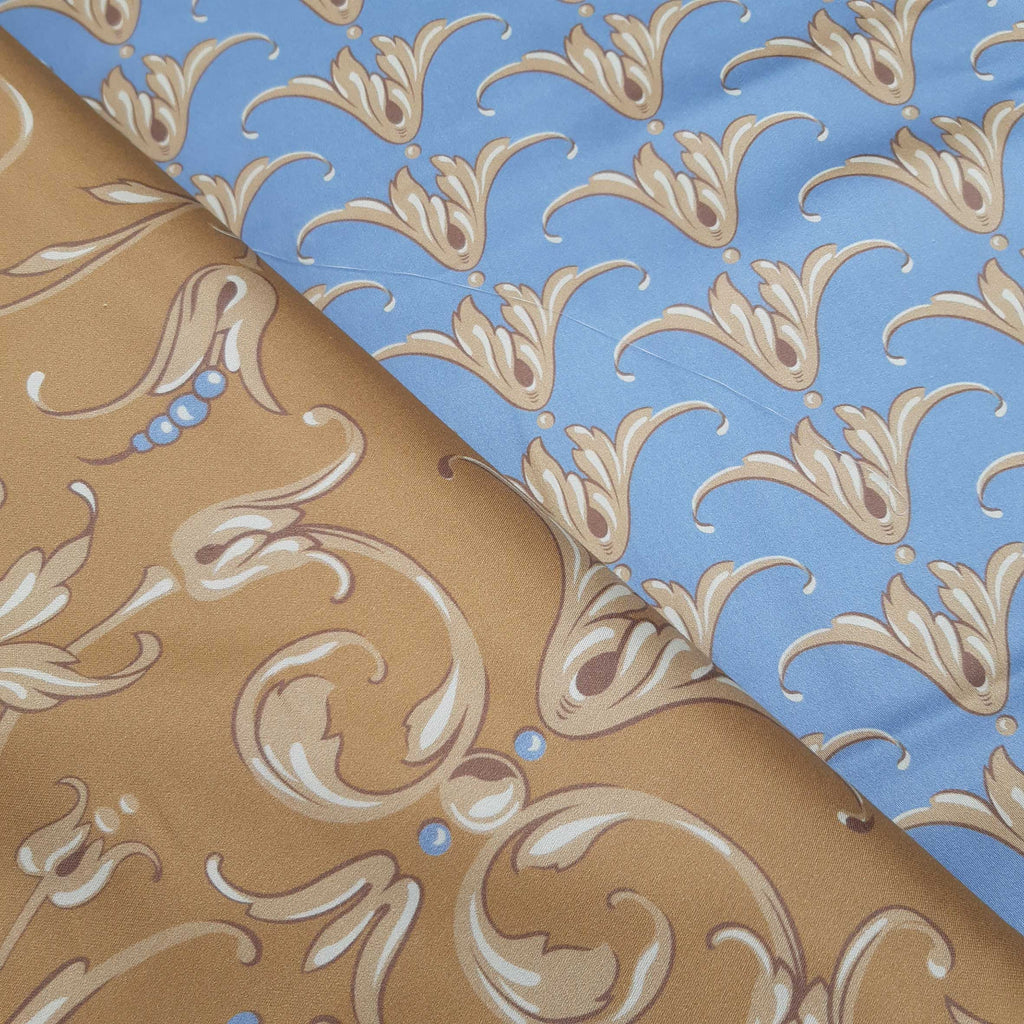 Mako sateen, fabric by the meter, cotton, “Field Flower” pattern in the “Harvest Festival” colorway, golden light brown/light sand, dove blue, cotton sateen, glossy, bed linen, dresses