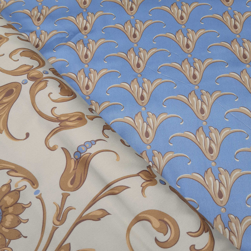 Mako-Satin, Meterware, Baumwolle,  Muster "Feldblume" in der Farbstellung "Heublume", Vanillegelb/Goldbraun, glänzender Baumwollsatin, Ranken, blau, creme, Bettwäsche, Kleider