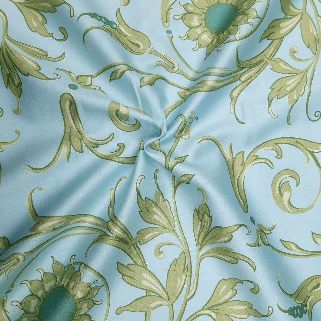 Mako-Satin, Meterware, Baumwolle,  Muster "Feldblume" in der Farbstellung "Wassergeist", Hellblau/grün/türkis/wasserblau, Ranken, Blume, floral,  Sonnenblume, aqua, Bettwäsche, Kleider