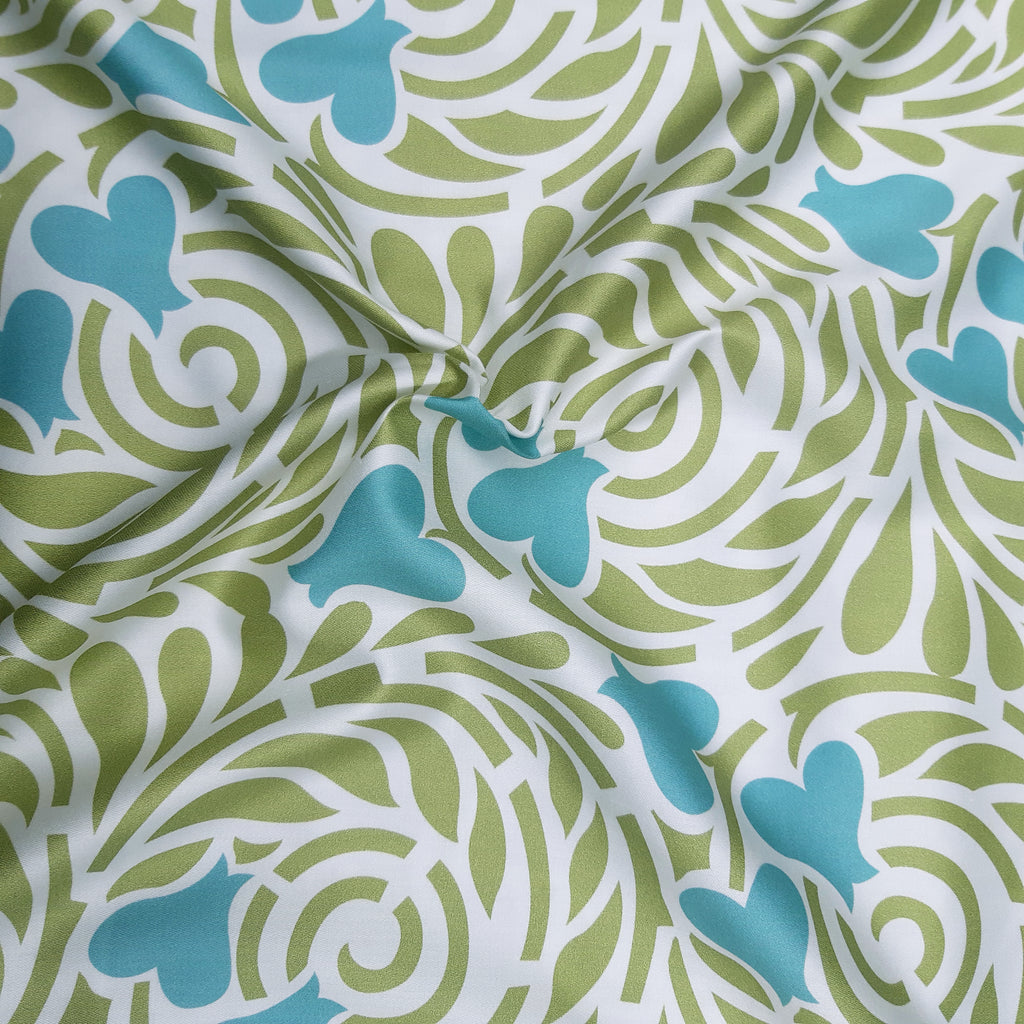 Mako-Satin, Meterware, Baumwolle,  Motiv "Rabenwiese" grün/wasserblau, türkis, aqua, Spiralen, Herzen, Baumwollsatin, für Bettwäsche, elegante Kleidung, Hemden, Kleider