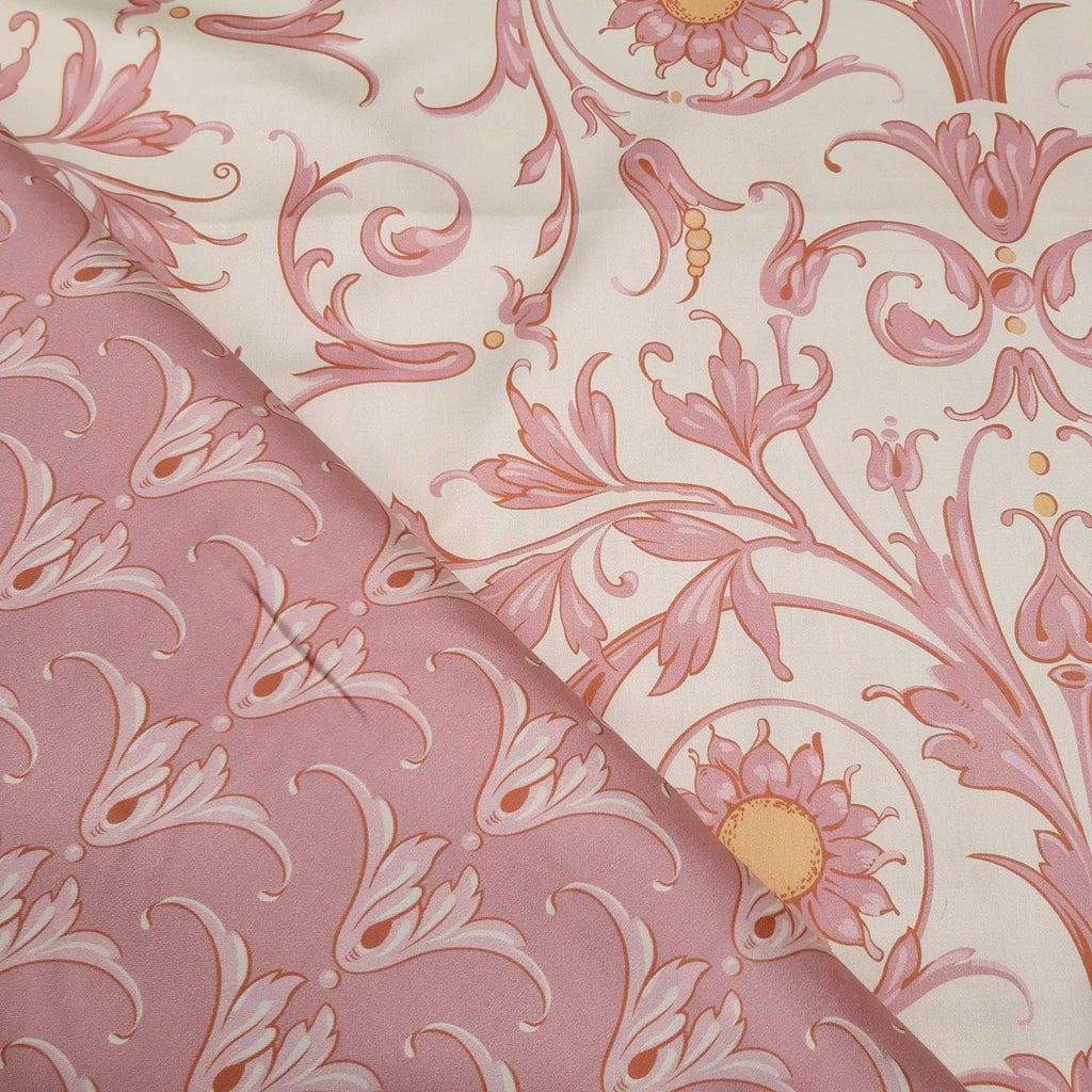 Mako-Satin, Meterware, Baumwolle,  Muster "Feldblume" in der Farbstellung "Barockgeflüster", Vanille-Altrosa-gelb, glänzender Baumwollsatin, Ranken, Blumen floral, Bettwäsche, Kleider