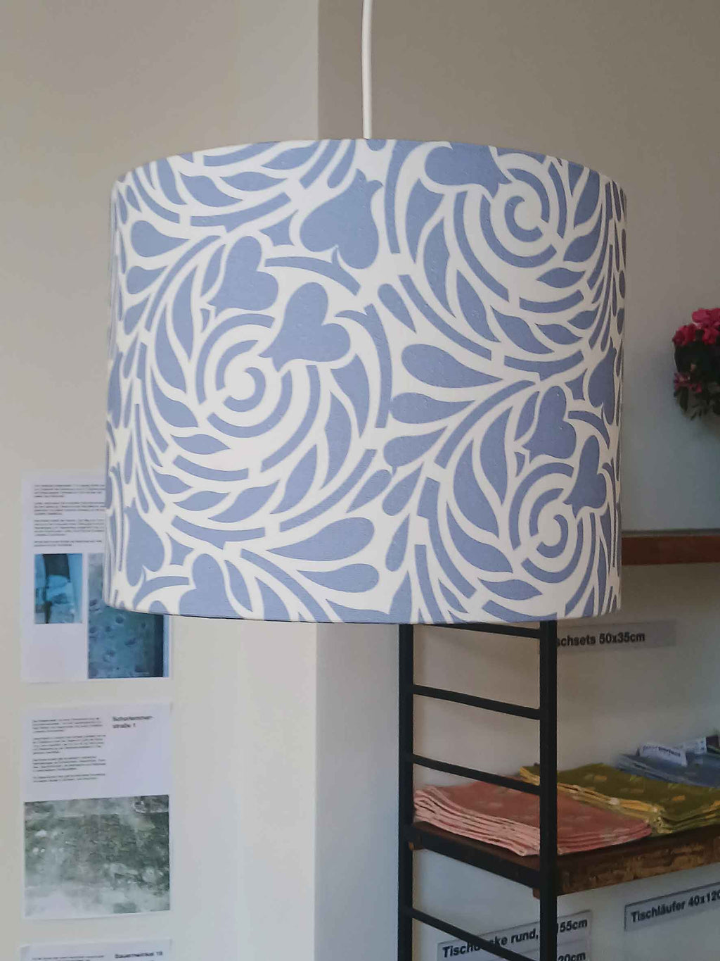 Lampshade, "Rabenwiese", ultramarine blue/white, 30/40x23cm high, cylindrical