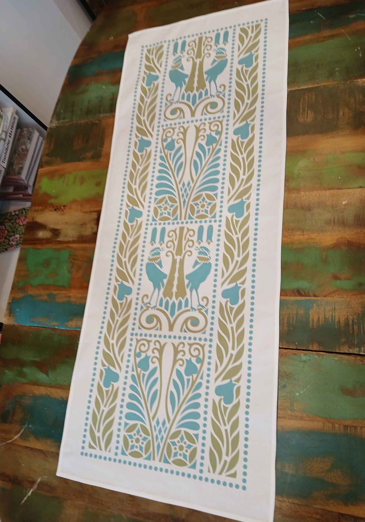Tischläufer, Raben, Wasserblau-Grün, 40cm breit, verschiedene Längen