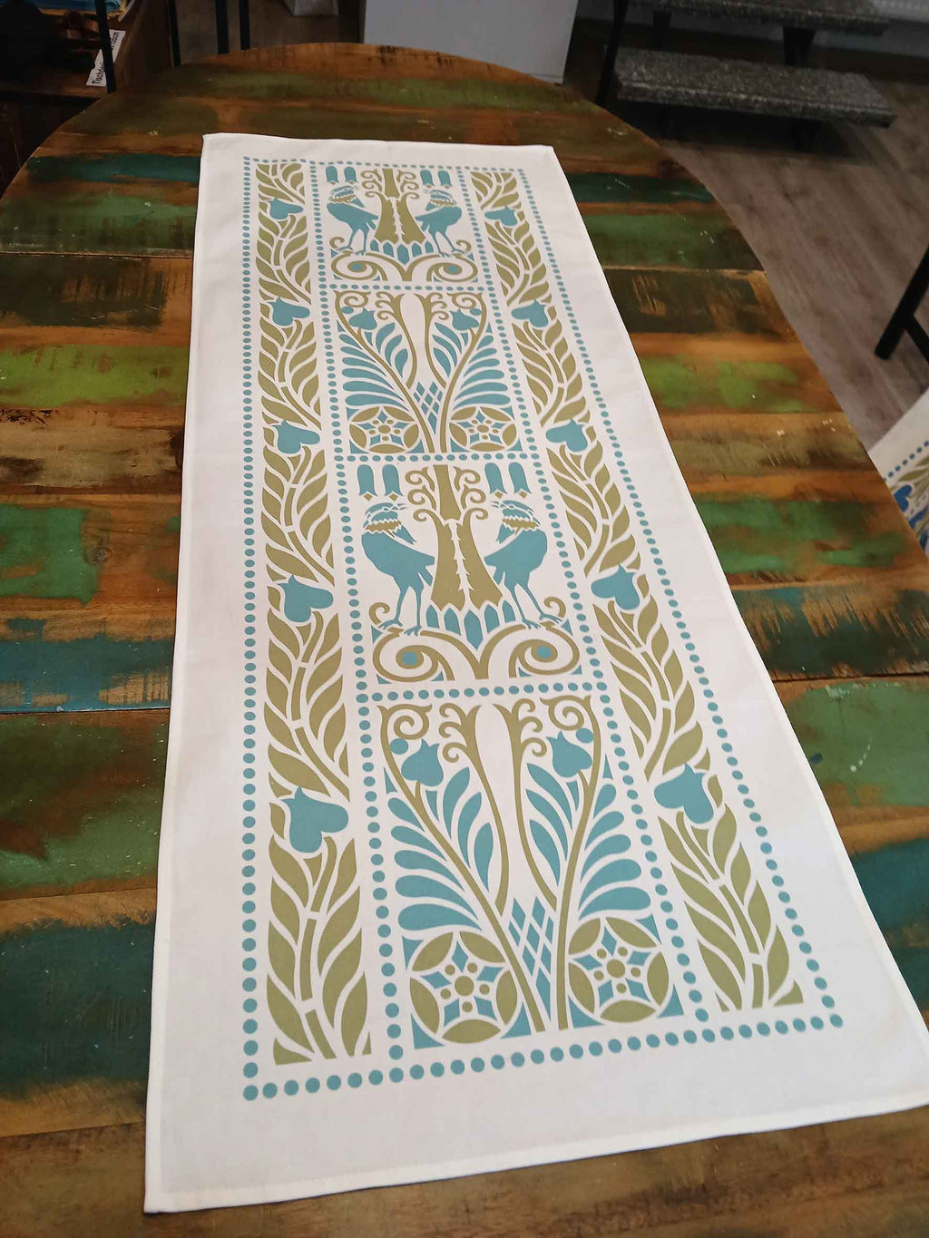 Tischläufer, Raben, Wasserblau-Grün, 40cm breit, verschiedene Längen