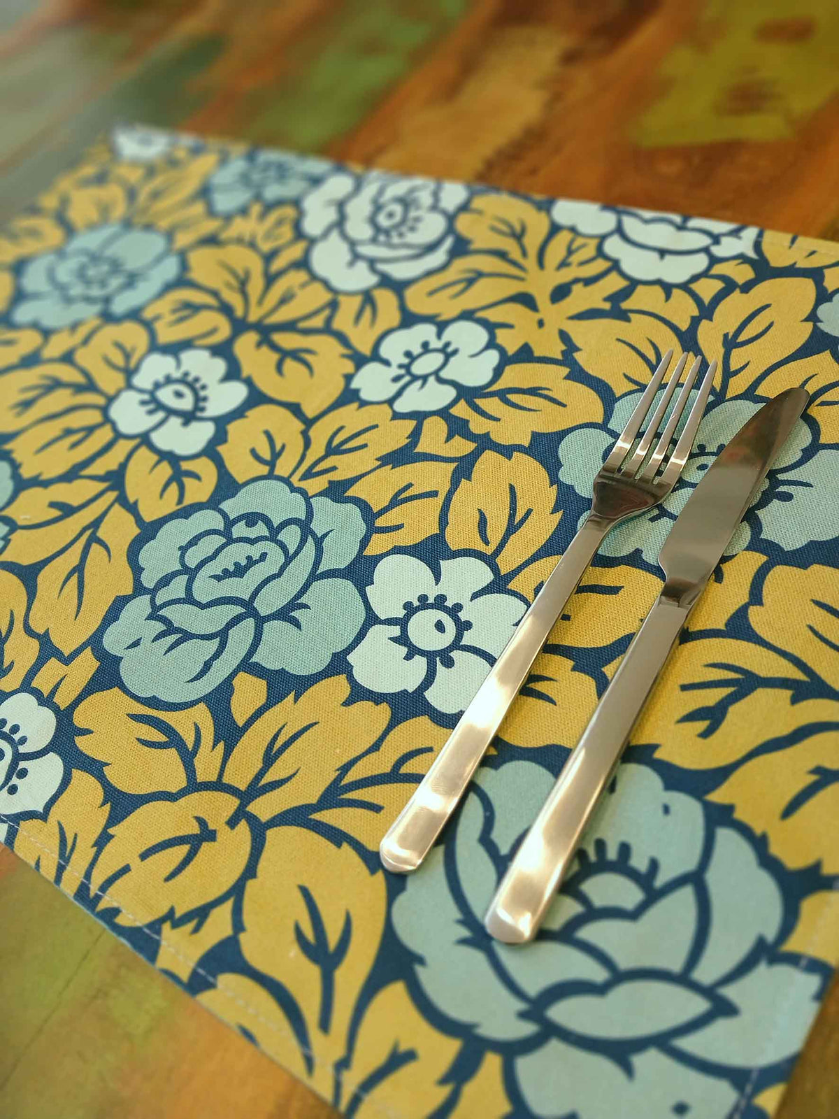 Platzset / Tischset,  Rosenmuster, 50x35cm, zum Wenden, Baumwollstoff. grün/türkis