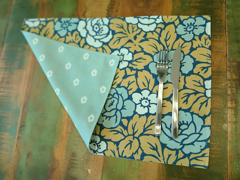 Placemat, rose pattern, 50 × 35 cm, reversible, cotton fabric, green/turquoise