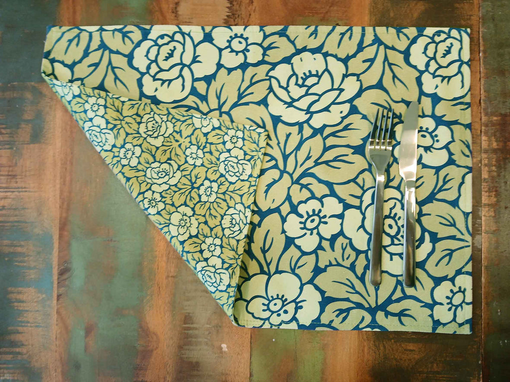 Platzset / Tischset,  Rosenmuster, 50x35cm, zum Wenden, Baumwollstoff. grün/hellgrün