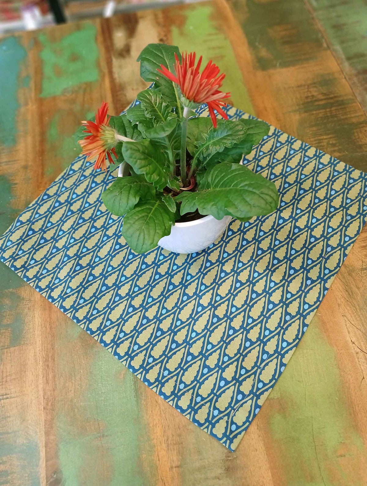 Cloth napkin, 40x40cm, 100% cotton, navy with green little trees and blue dots, small table runner, Christmas
