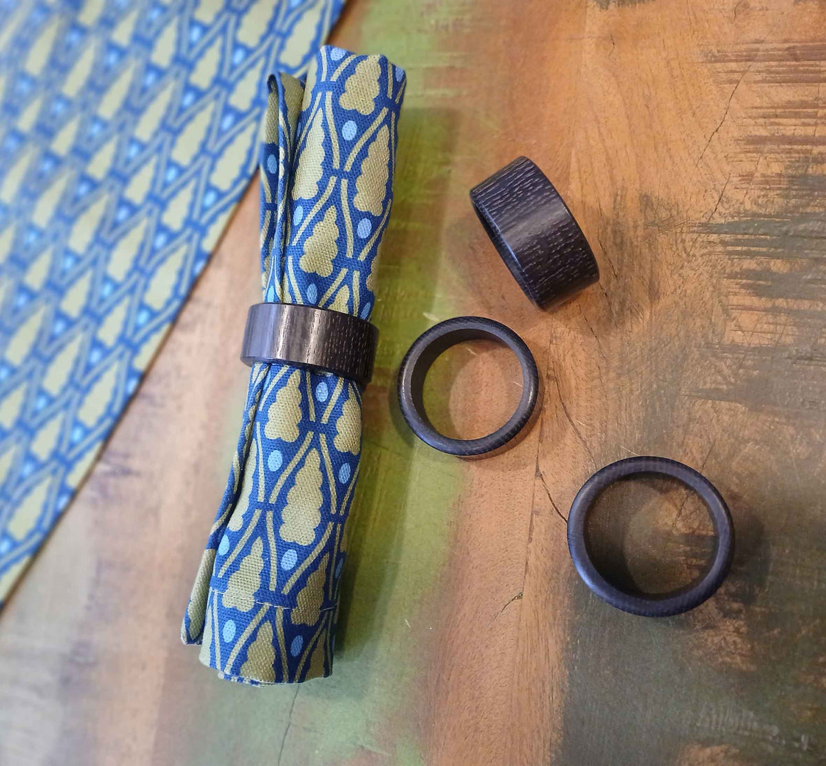 Cloth napkin, 40x40cm, 100% cotton, navy with green little trees and blue dots, small table runner, Christmas
