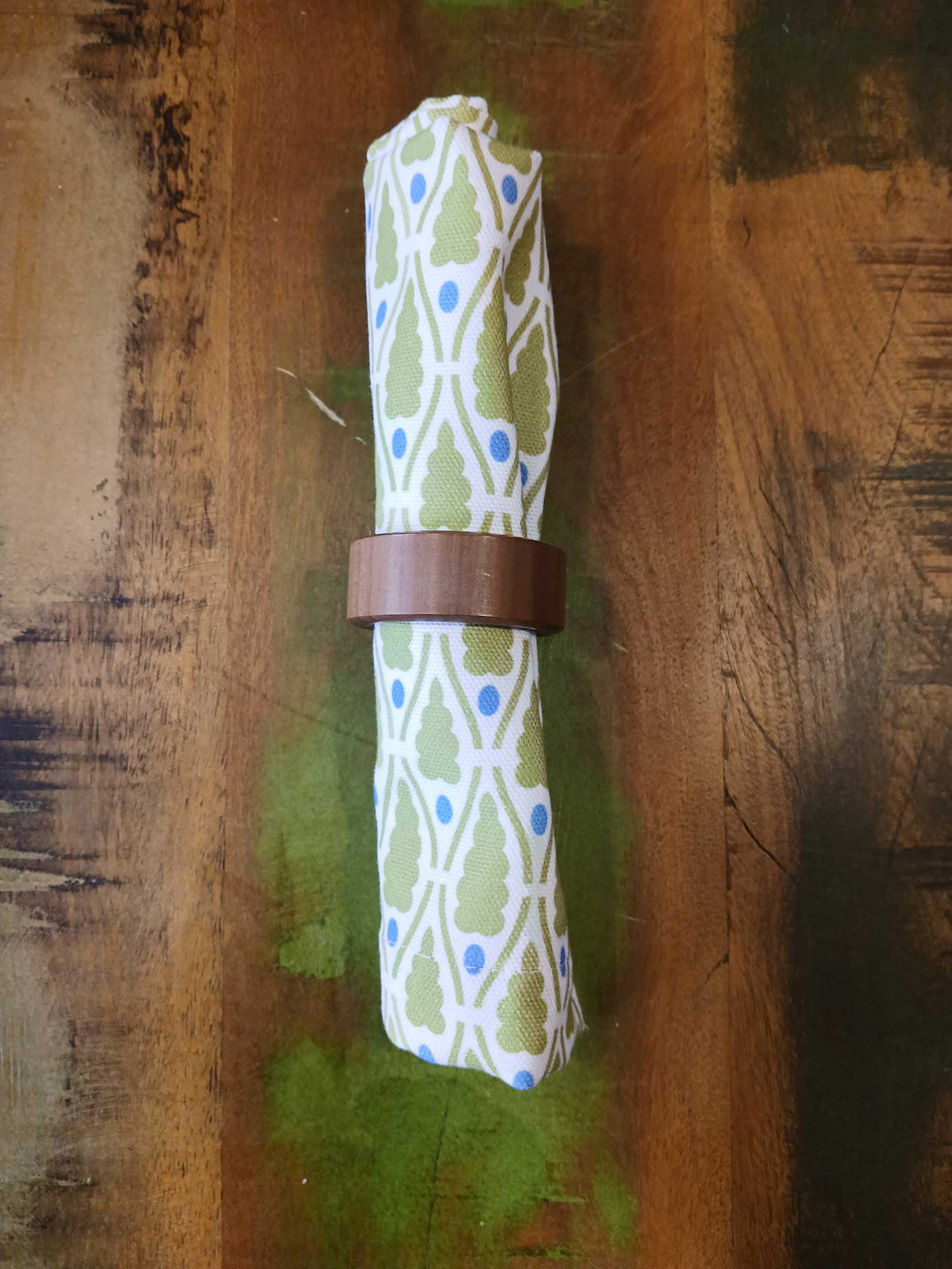 Cloth napkin, 40x40cm, 100% cotton, white with green little trees and blue dots, small table runner, Christmas