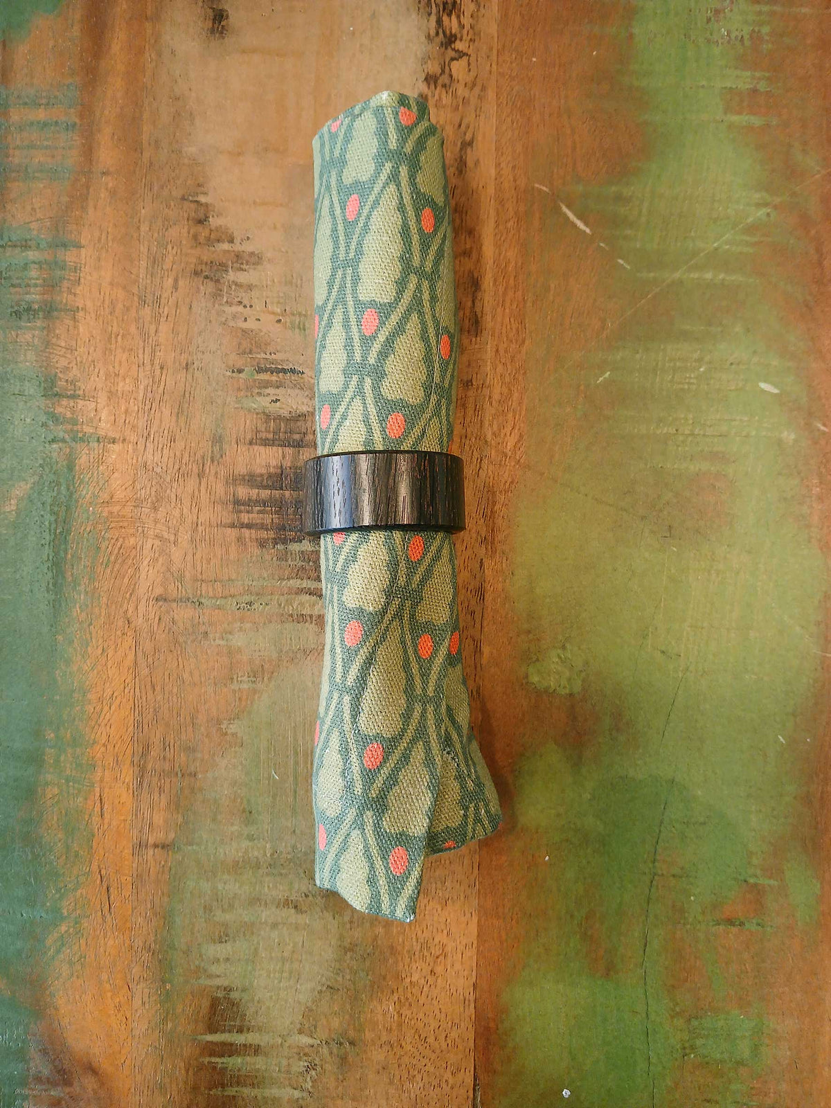 Cloth napkin, 40 x 40 cm, 100% cotton, dark green with little green trees and light red dots, small table mat, Christmas