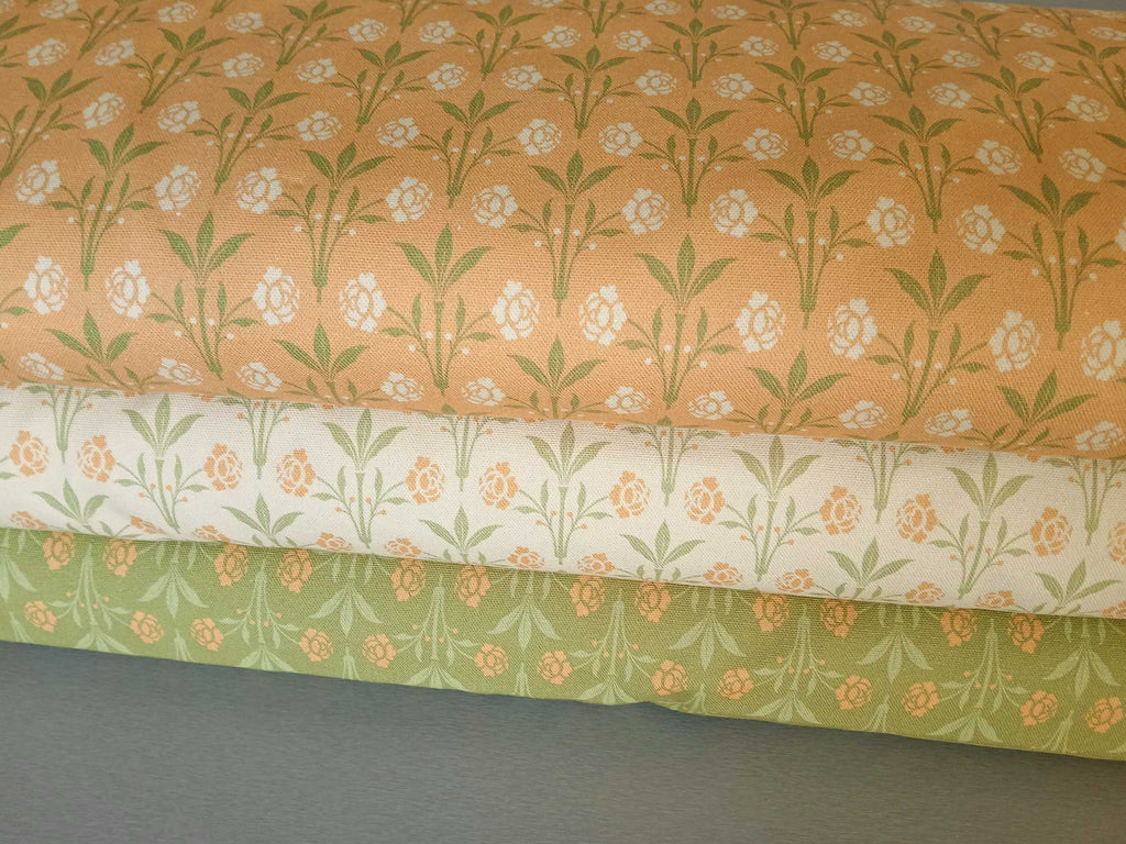 Halbpanama, Meterware, Baumwollstoff, Motiv "Erker", grün mit hellgrün/gelb, Gründerzeitliches/viktorianisches Muster, Trachten, Dirndl, Tischdecke, Kissen, Taschen