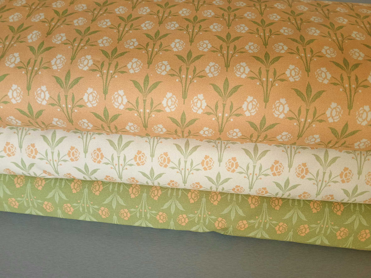 Halbpanama, Meterware, Baumwollstoff, Motiv "Erker", Gelb mit hellgrün/vanillegelb, Gründerzeitliches/viktorianisches Muster, Trachten, Dirndl, Tischdecke, Taschen