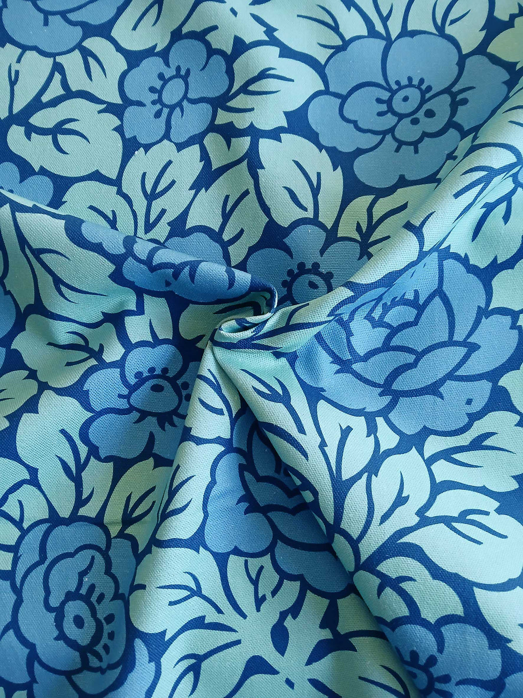 Half-panama fabric by the meter, cotton, rose pattern, Art Nouveau, two pattern sizes, blue/aqua/water blue