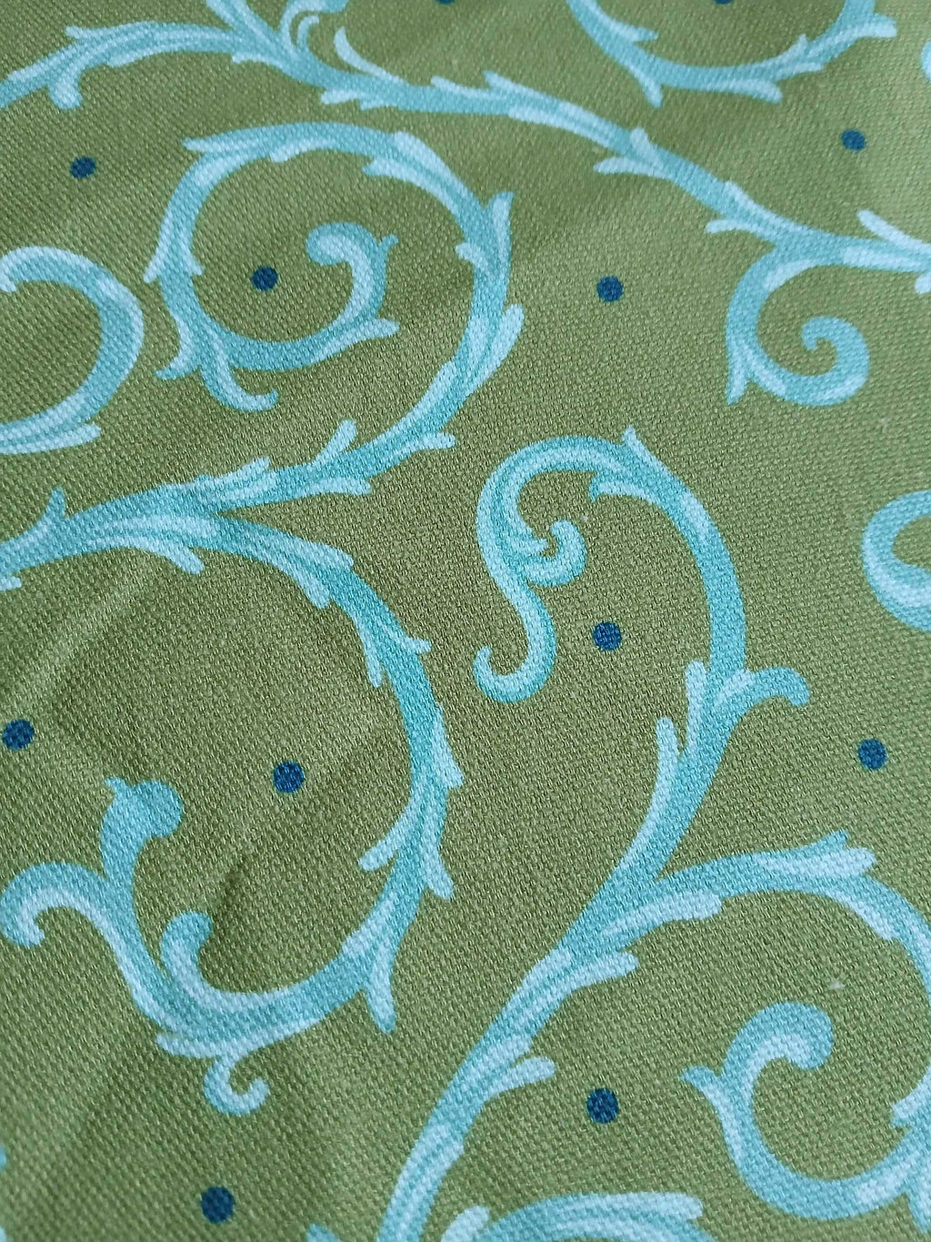 Half Panama fabric by the metre, “Thorn Hedge” design, green with turquoise vines and small navy dots, cotton fabric, aqua, navy, green, cushions, bags, tablecloths, traditional costumes