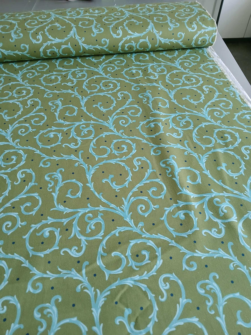 Half Panama fabric by the metre, “Thorn Hedge” design, green with turquoise vines and small navy dots, cotton fabric, aqua, navy, green, cushions, bags, tablecloths, traditional costumes