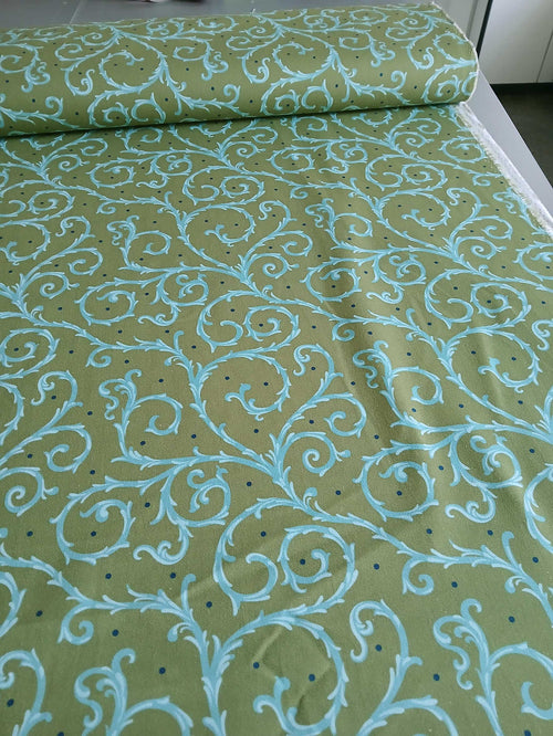 Half Panama fabric by the metre, “Thorn Hedge” design, green with turquoise vines and small navy dots, cotton fabric, aqua, navy, green, cushions, bags, tablecloths, traditional costumes