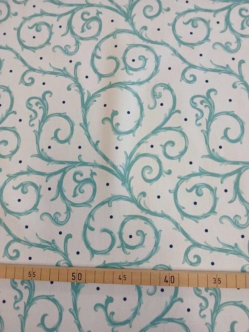 Half-panama fabric by the metre, “Thorn Hedge” design, white with turquoise vines and dark blue dots, 200 g/m², cotton fabric, tablecloths, bags, dirndls, traditional costumes, cushions, aqua