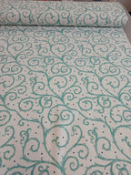 Half-panama fabric by the metre, “Thorn Hedge” design, white with turquoise vines and dark blue dots, 200 g/m², cotton fabric, tablecloths, bags, dirndls, traditional costumes, cushions, aqua