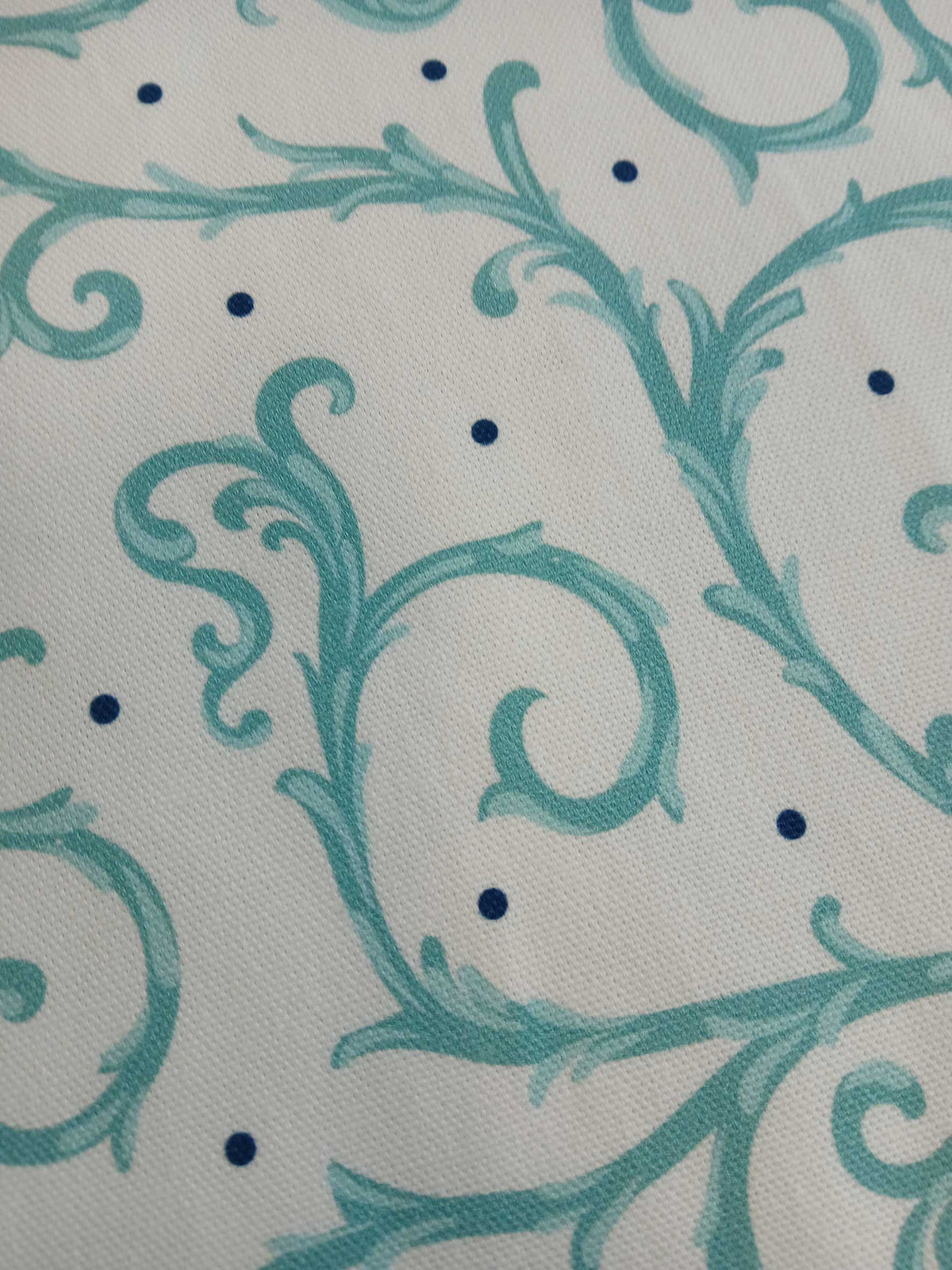 Halbpanama, Meterware, Motiv "Dornenhecke", Weiß mit türkisfarbigen Ranken und dunkelblauen Pünktchen, 200g/qm, Baumwollstoff, Tischdecken, Taschen, Dirndl, Trachten, Kissen aqua