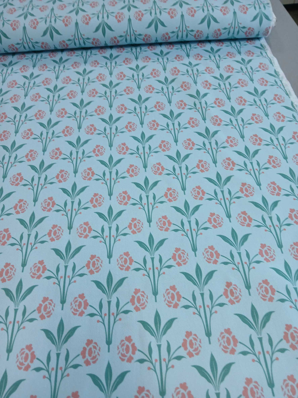 Halbpanama, Meterware, Baumwollstoff, Motiv "Erker", Farbstellung "Gartenteich" (hellblau), Gründerzeitliches/viktorianisches Muster, Trachten, Dirndl, Kissen, Taschen, Tischdecke