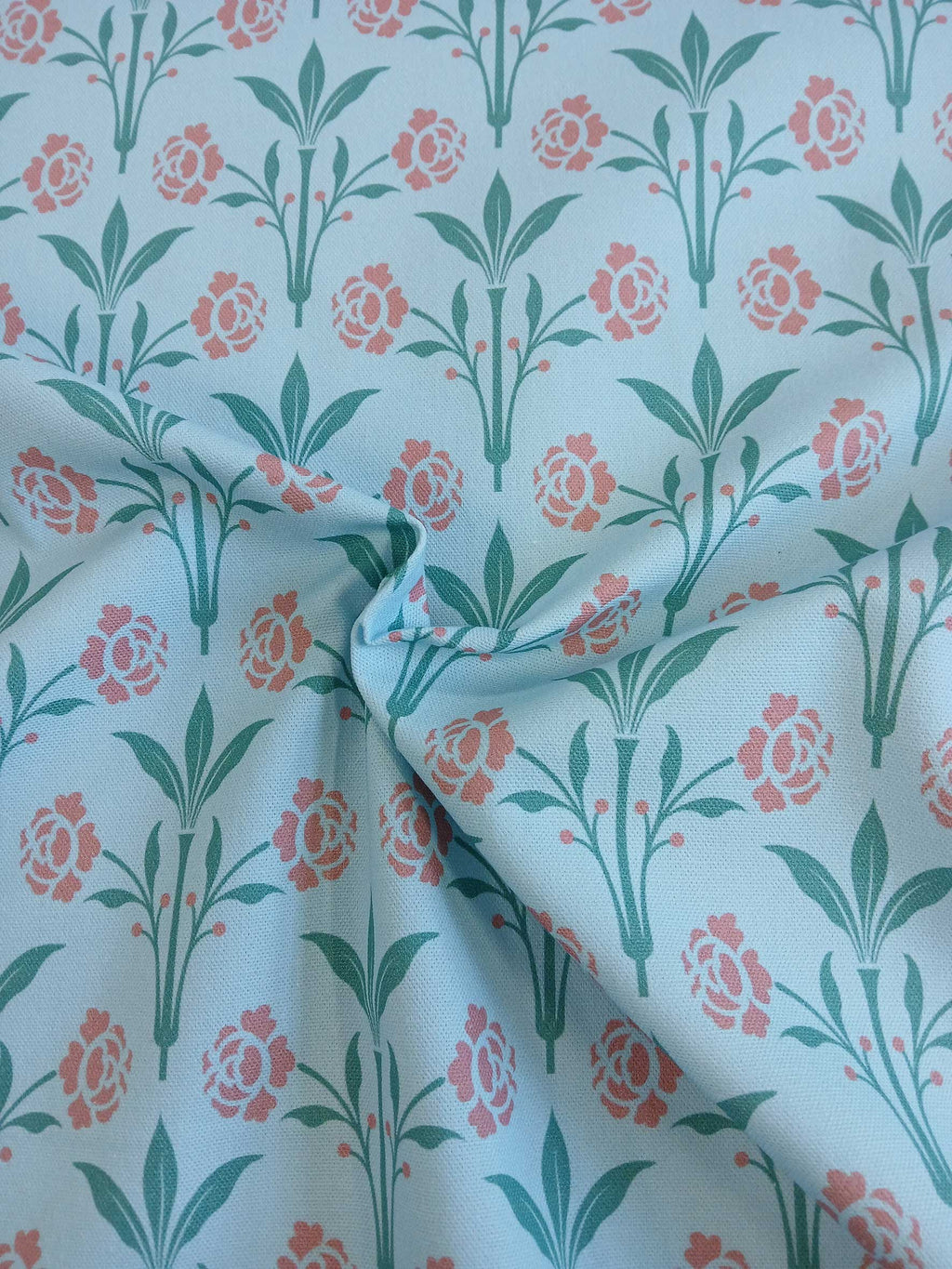 Halbpanama, Meterware, Baumwollstoff, Motiv "Erker", Farbstellung "Gartenteich" (hellblau), Gründerzeitliches/viktorianisches Muster, Trachten, Dirndl, Kissen, Taschen, Tischdecke