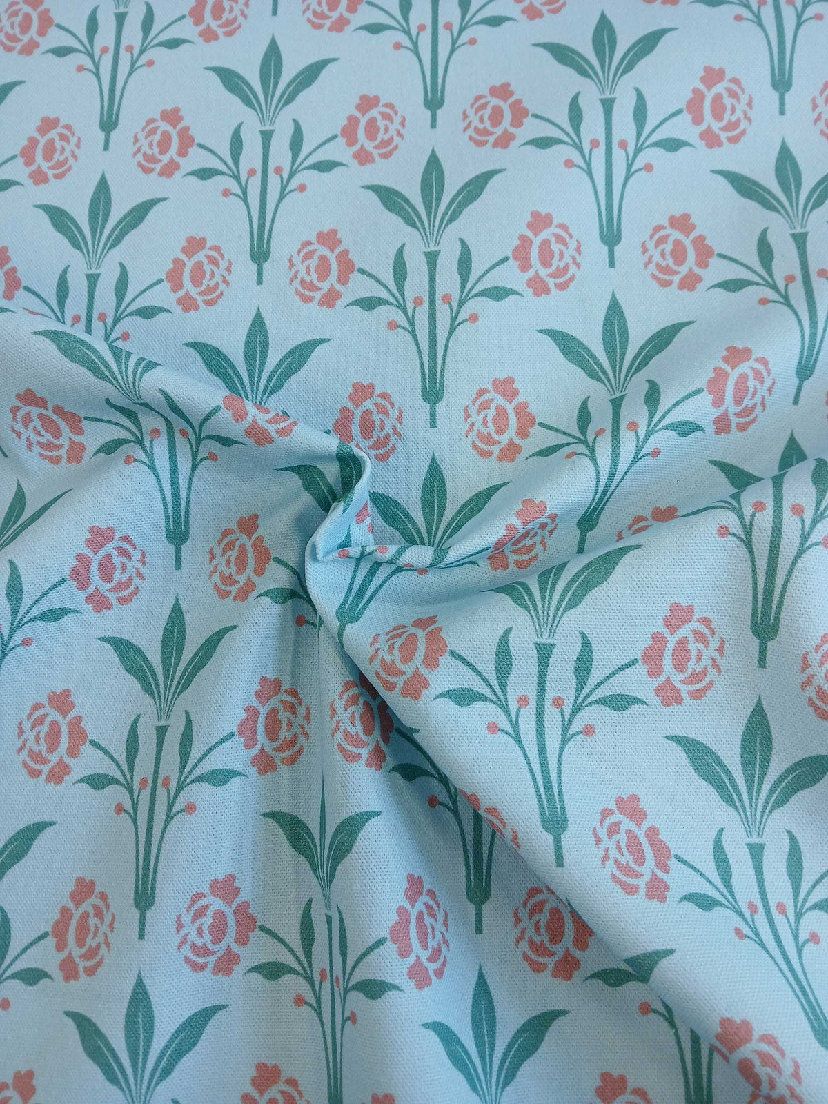 Halbpanama, Meterware, Baumwollstoff, Motiv "Erker", Farbstellung "Gartenteich" (hellblau), Gründerzeitliches/viktorianisches Muster, Trachten, Dirndl, Kissen, Taschen, Tischdecke