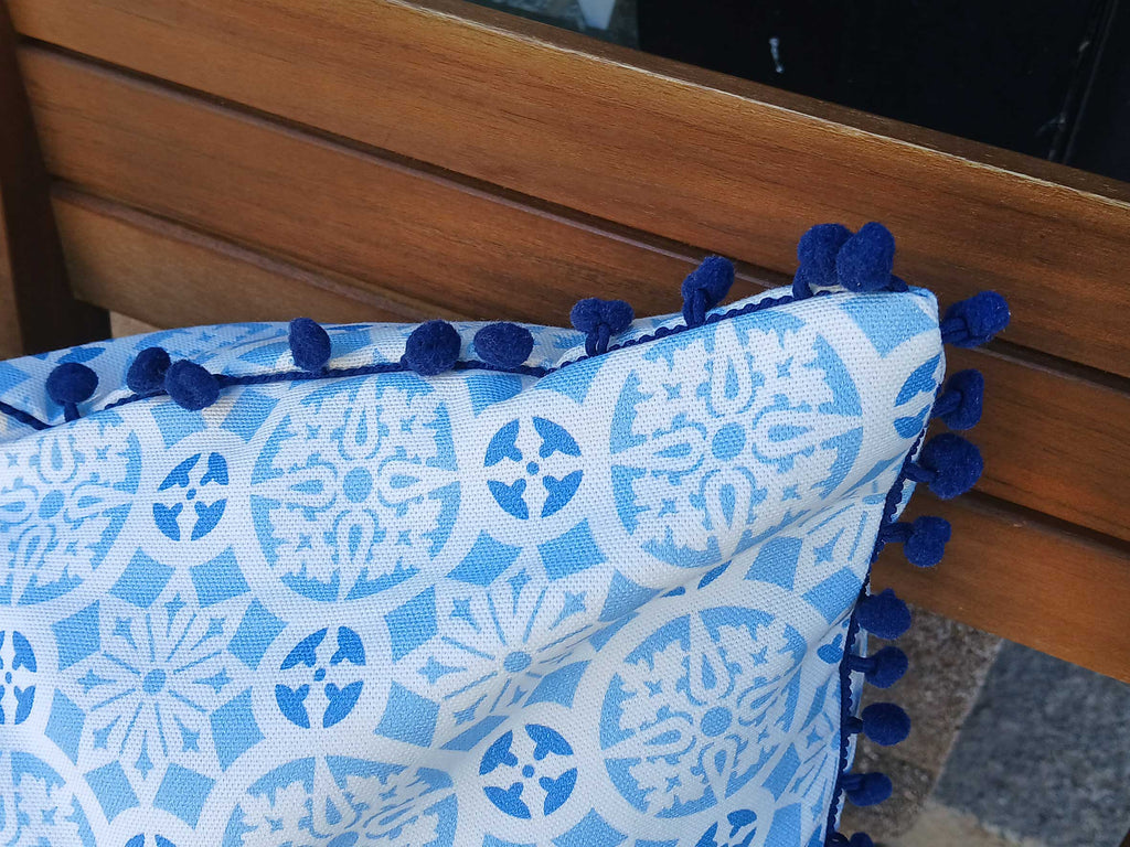 Cushion cover, 50 x 50cm, motif "Snow-2", with dark blue  pom-poms, concealed zipper, cotton fabric