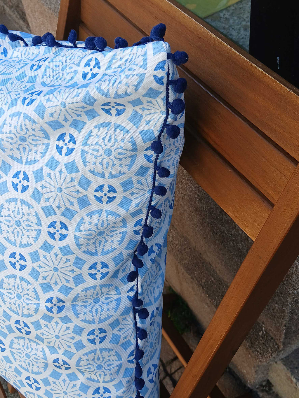 Cushion cover, 50 x 50cm, motif "Snow-2", with dark blue  pom-poms, concealed zipper, cotton fabric