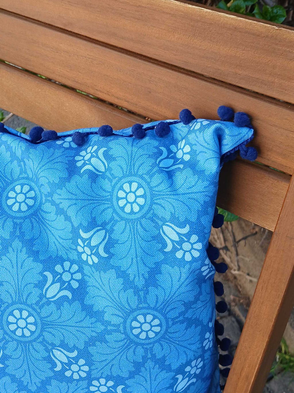 Cushion cover, 50 x 50cm, design "Ice Crystal 3", with dark blue pom-poms, concealed zipper, cotton fabric
