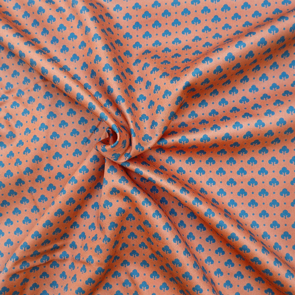 Mako-Satin, Meterware,  Muster "Klee", terrakotta/dunkelblau, 160cm, Baumwoll-Satin, Bluse Hemd Bettwäsche, glänzend, Baumwollsatin, Streumuster, Lilie, ziegelrot, navy