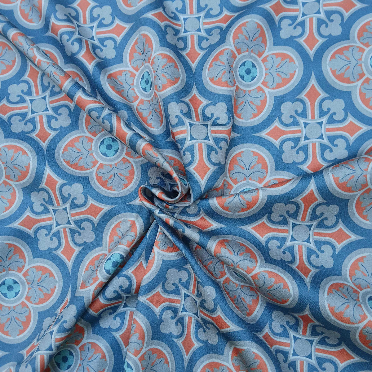 Dunkelblauer Mako-Satin, Meterware, Baumwolle,  "Herrenhaus", dunkelblau/grau-ziegelrot, zwei Mustergrößen, Fliesenmuster, geometrisch, Baumwollsatin, glänzend, Blusen, Hemden, Bettwäsche