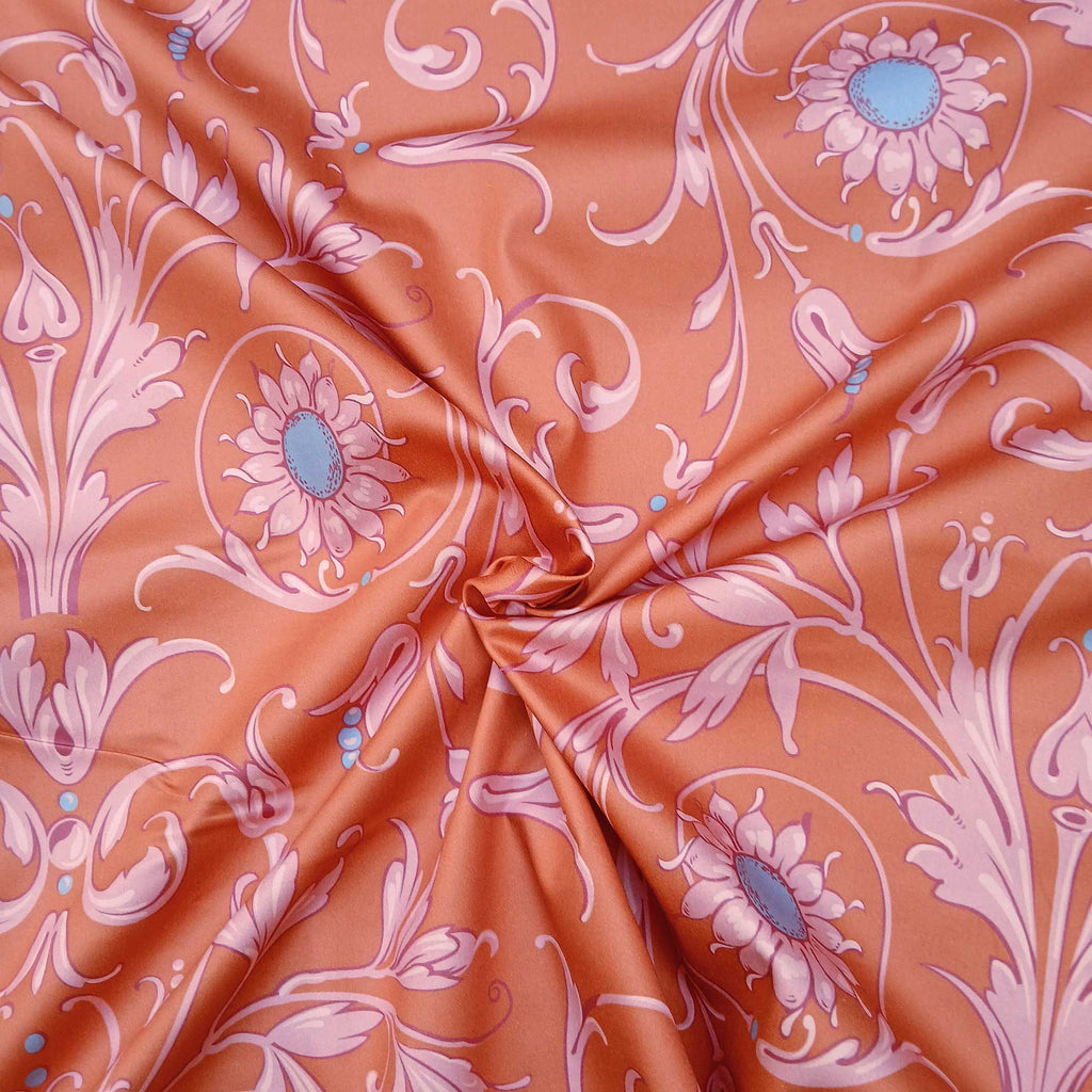 Mako-Satin, Meterware, Baumwolle,  Muster "Feldblume" in der Farbstellung "Abendsonne", Terrakotta-Altrosa-Taubenblau, floral, Blumen, Ranken, Sonnenblume, glänzender Baumwollsatin, Bettwäsche, Kleide