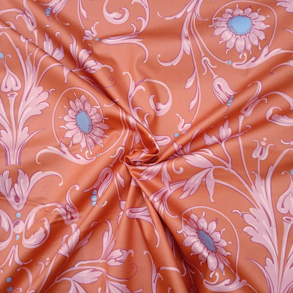 Mako-Satin, Meterware, Baumwolle,  Muster "Feldblume" in der Farbstellung "Abendsonne", Terrakotta-Altrosa-Taubenblau, floral, Blumen, Ranken, Sonnenblume, glänzender Baumwollsatin, Bettwäsche, Kleide