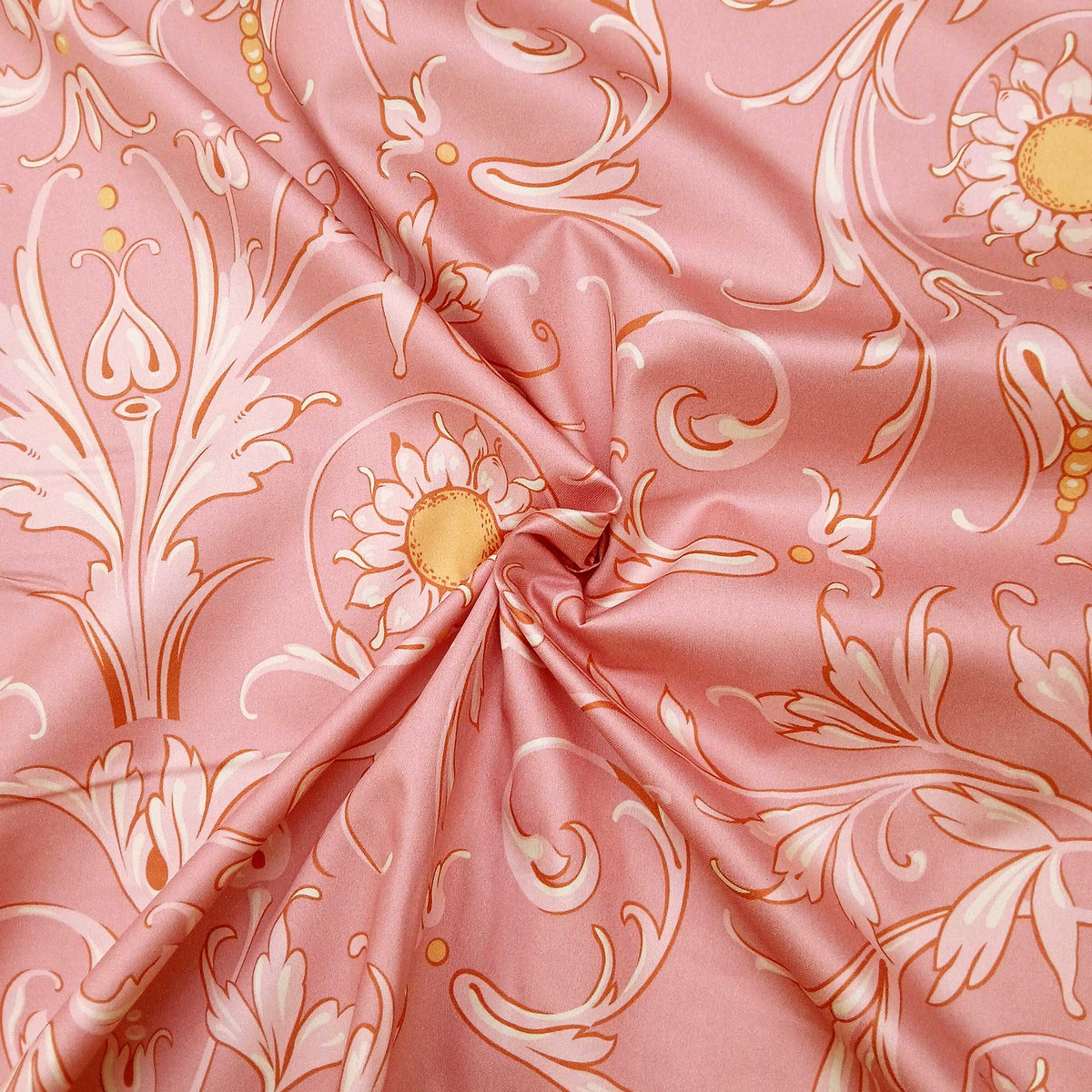 Altrosa Mako-Satin, Meterware, Baumwolle,  Muster "Feldblume" in der Farbstellung "Mädchentraum", Altrosa-Rosa-Ockergelb, Ranken, Sonnenblume, gelb rosa, Kleider, Bettwäsche