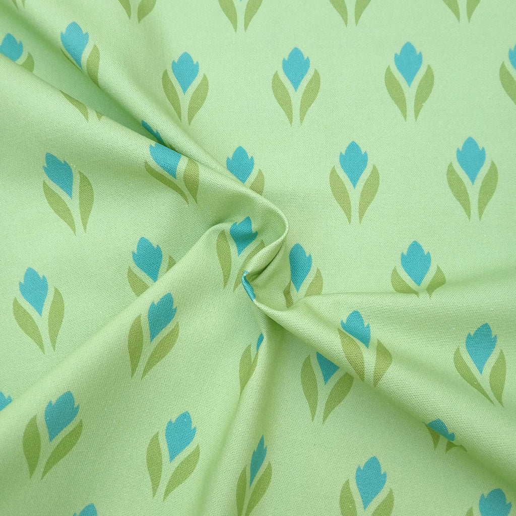Half-width calico by the metre, crocus motif, light green, cotton fabric, 200 g/m², Easter, spring, turquoise, green, tulips, bag project, cushions, tablecloths