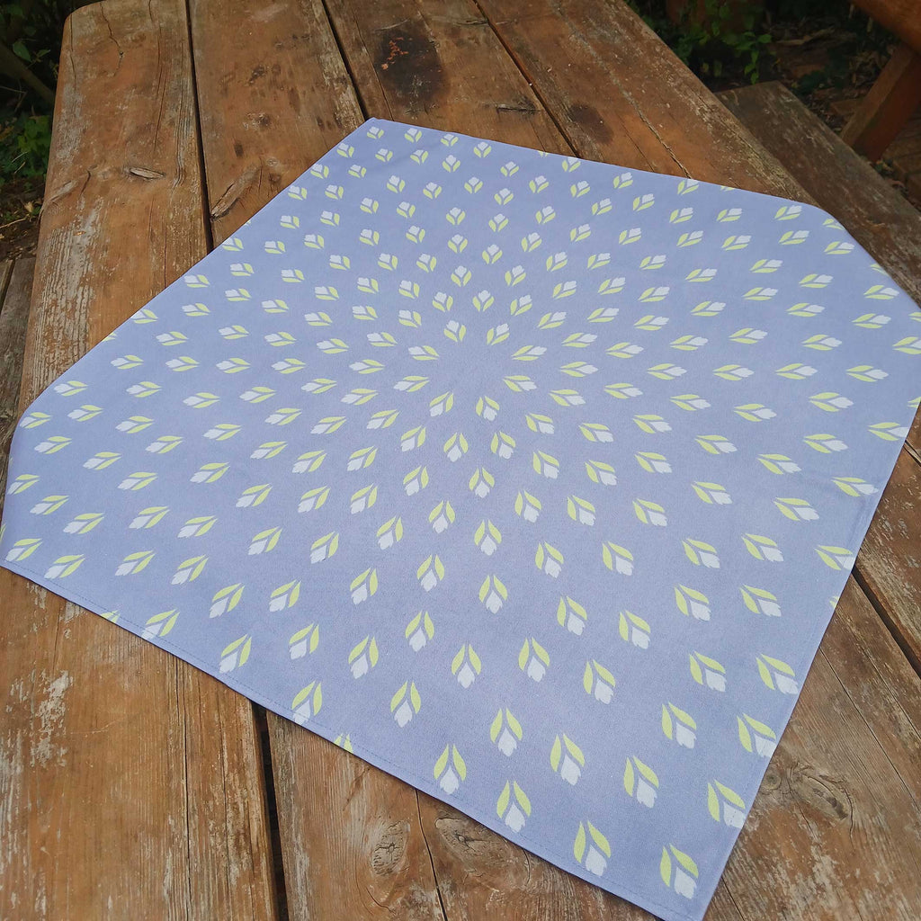 Square tablecloth, table topper, 75 x 75 cm, light blue, lavender, cotton fabric, crocus tulips, light green
