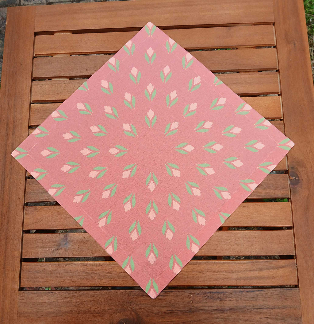 Cloth napkin, 40x40cm, 100% cotton, salmon-colored, crocuses, light green/pink, with 25mm mitered hem, table runner