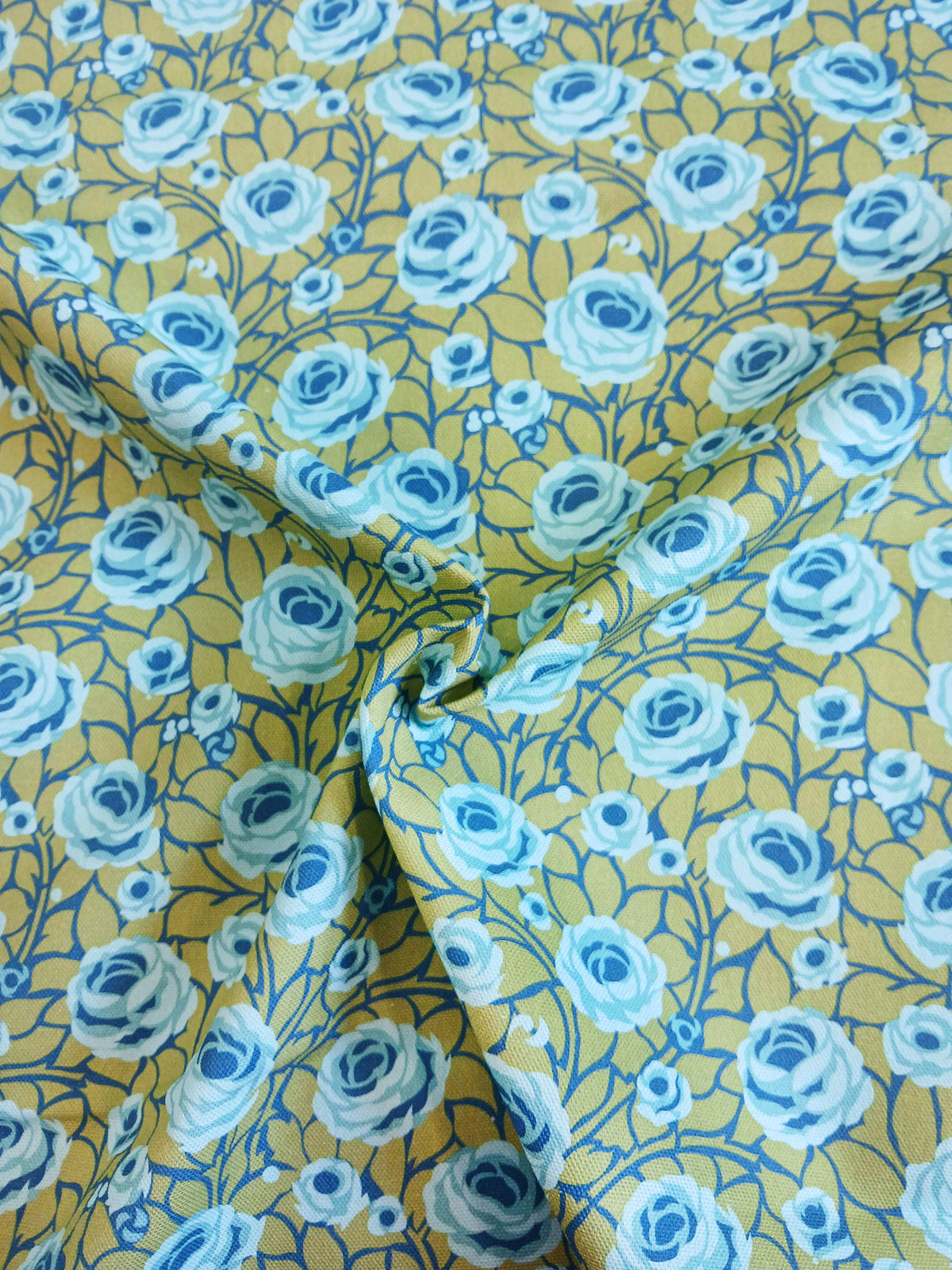 Halbpanama, Meterware, Baumwollstoff, Navy-grün-Blautöne, Rosen, Landhausstil, Muster "Weg zum Turm", kleine Mustergröße, für Trachten, Dirndl, Kissen, Taschenprojekte