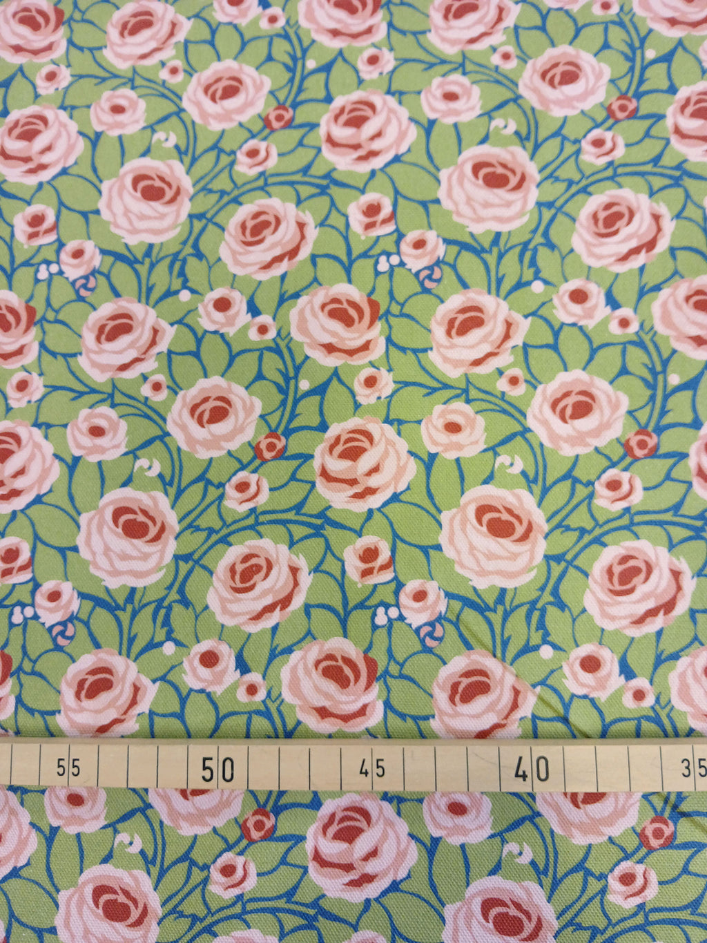 Half Panama, by the metre, cotton fabric, navy-green-pink tones, roses, country style, "Path to the Tower" pattern, for traditional costumes, dirndls, cushions, tablecloths