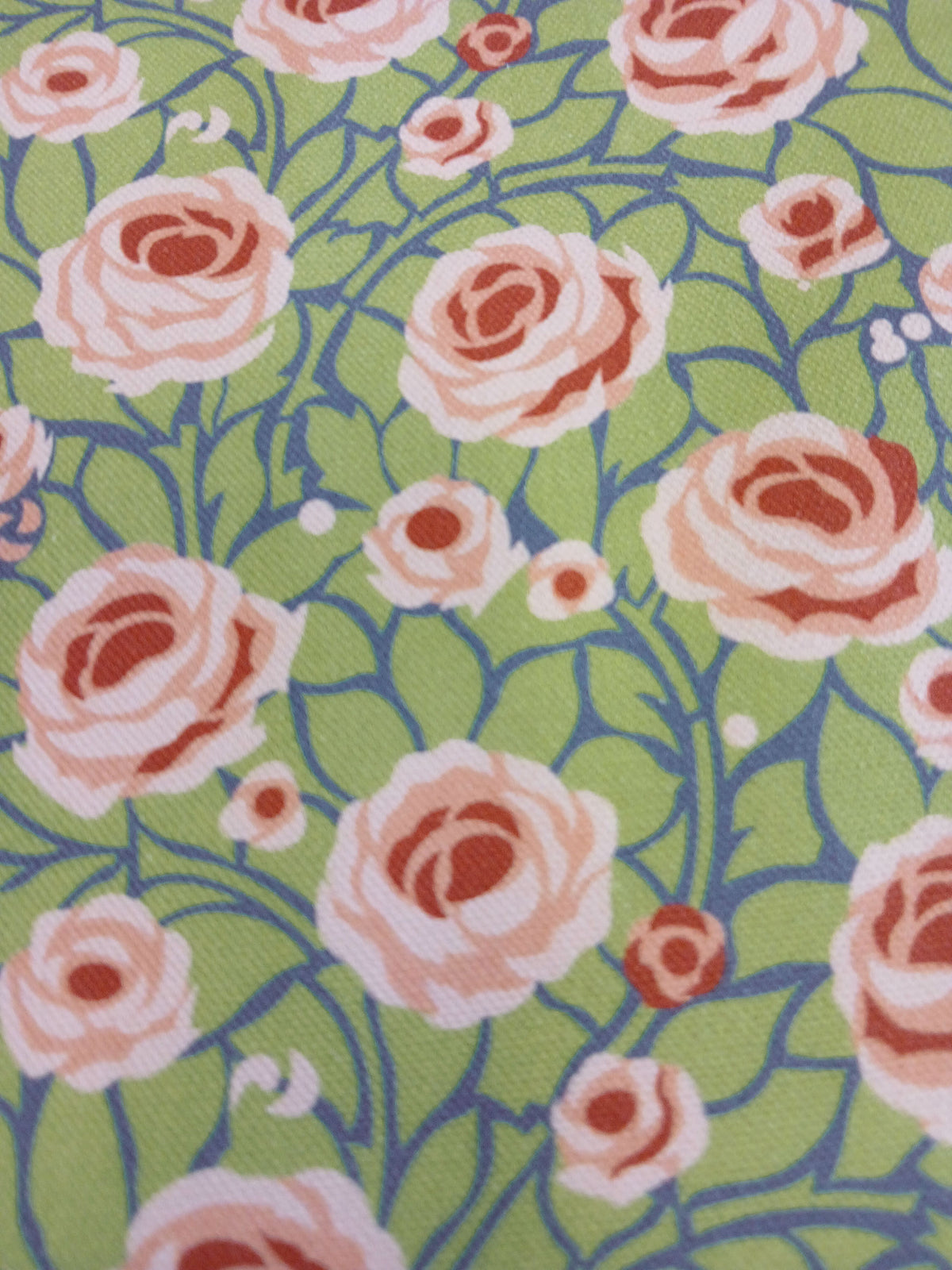 Halbpanama, Meterware, Baumwollstoff, navy-grün-Rosatöne, Rosen, Landhausstil, Muster "Weg zum Turm", für Trachtenmode, Dirndl, Kissen, Tischdecken