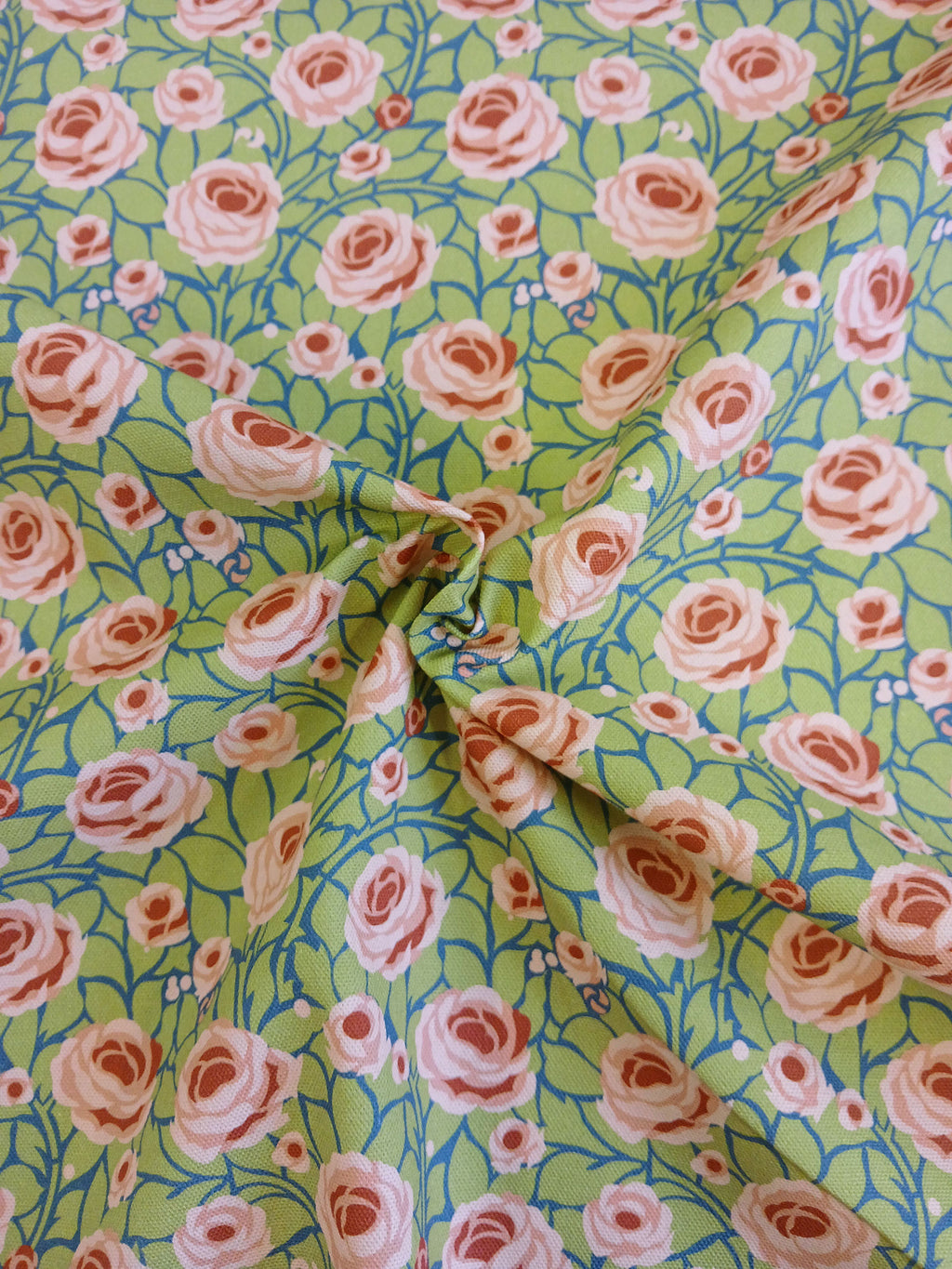 Half Panama, by the metre, cotton fabric, navy-green-pink tones, roses, country style, "Path to the Tower" pattern, for traditional costumes, dirndls, cushions, tablecloths