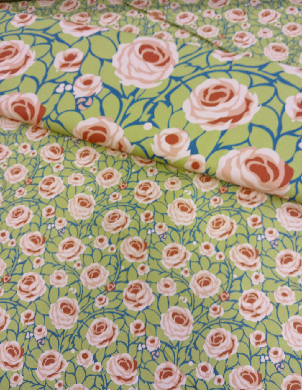 Half Panama, by the metre, cotton fabric, navy-green-pink tones, roses, country style, "Path to the Tower" pattern, for traditional costumes, dirndls, cushions, tablecloths