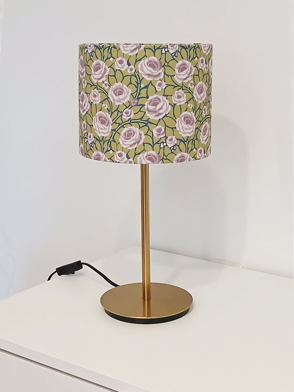 Lampshade, roses, navy-purple-green tones, 20cm diameter, cylindrical, "Path to the Tower" pattern, 16cm high, table lamp